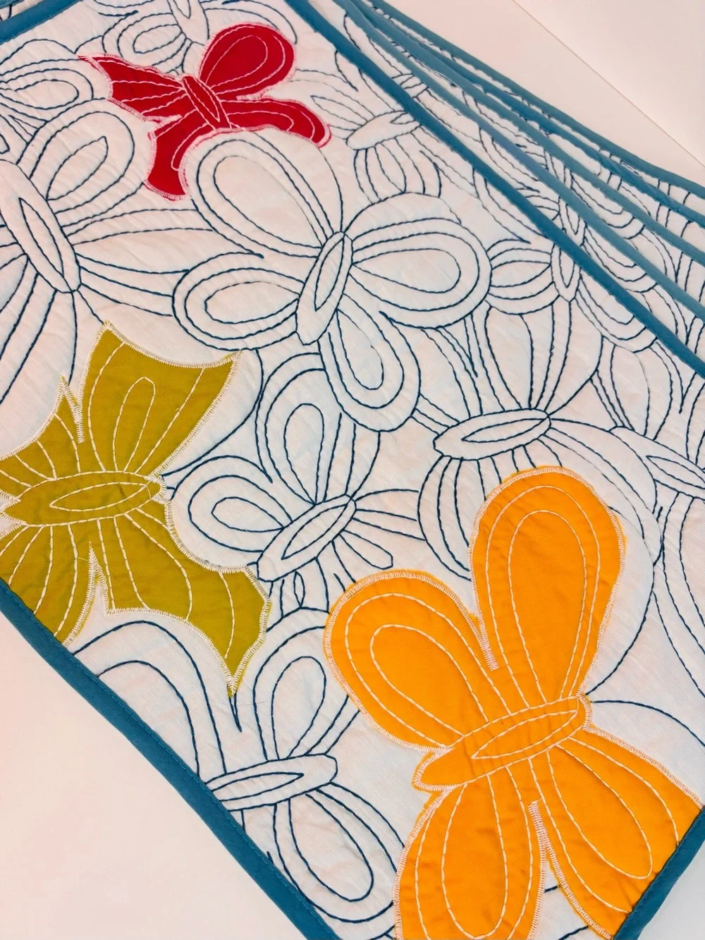 VTG Pier 1 Quilted‎ Placemat Set Teal Trim and Multicolor Butterfly Appliqués